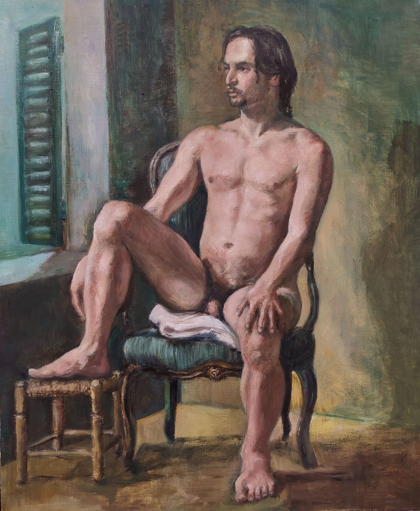 Painting man sitting in front of the window